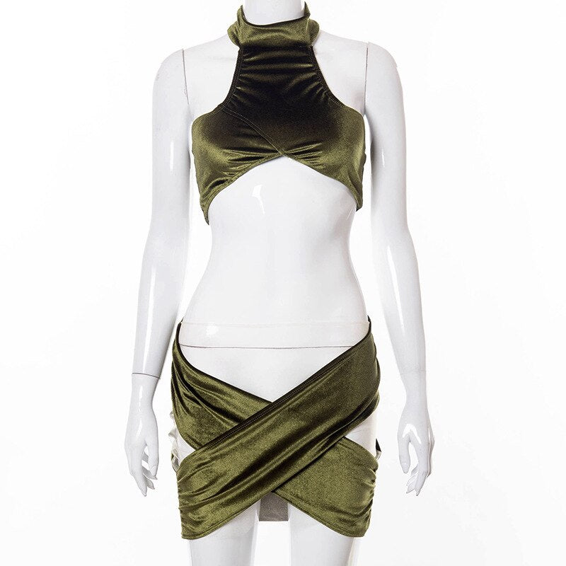 Green Sleeveless Crop Top & Hollow Out Skirt