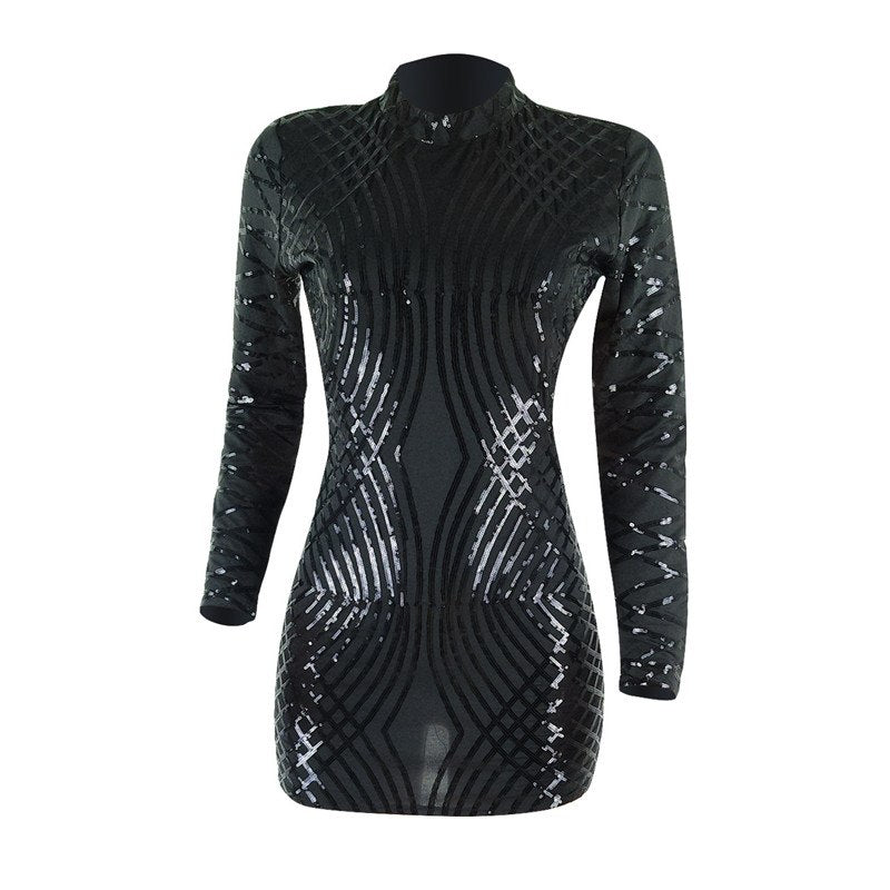 Sequin Long Sleeve Backless Bodycon Mini Dresses