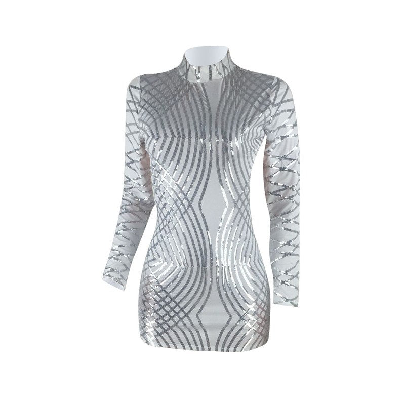 Sequin Long Sleeve Backless Bodycon Mini Dresses