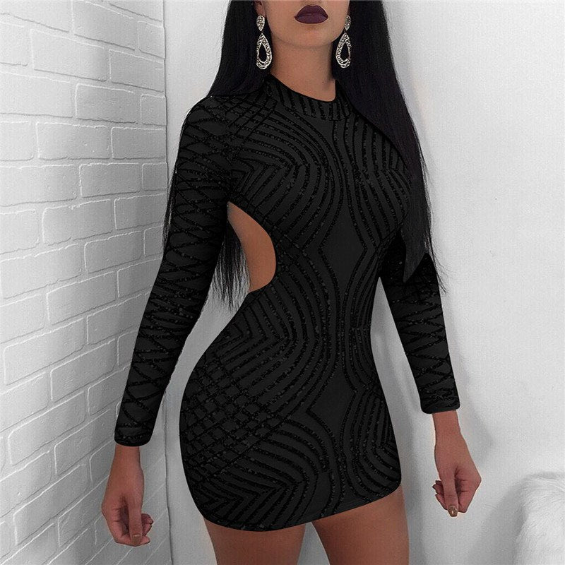 Sequin Long Sleeve Backless Bodycon Mini Dresses
