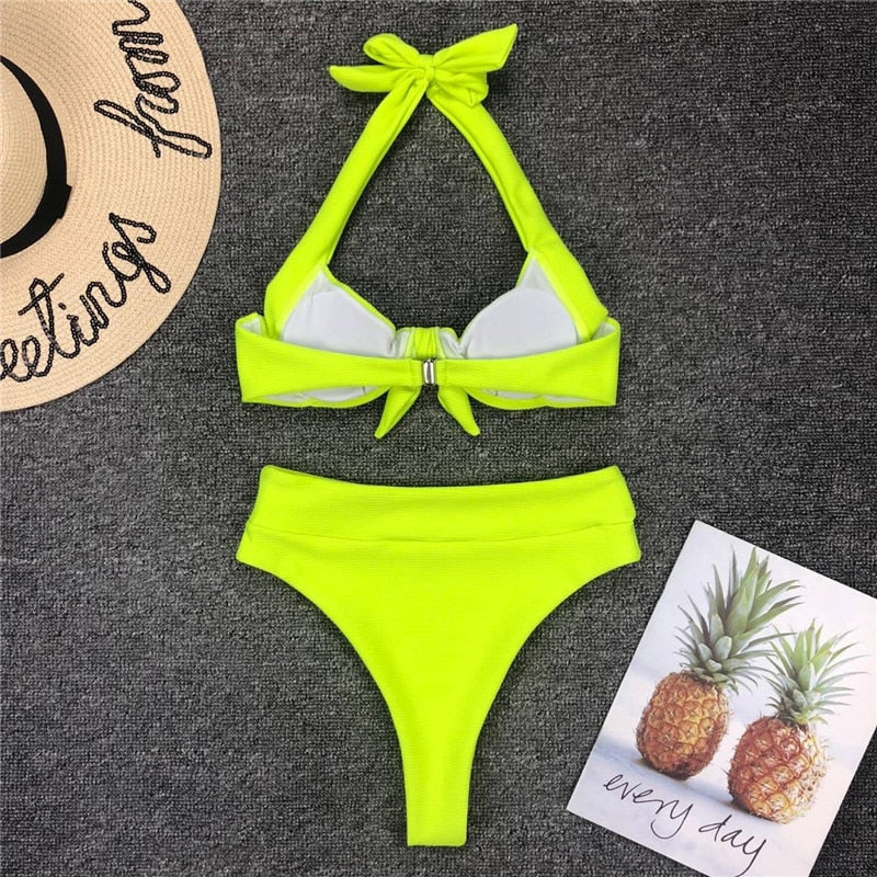 Neon High Waist Thong Bikini Sets