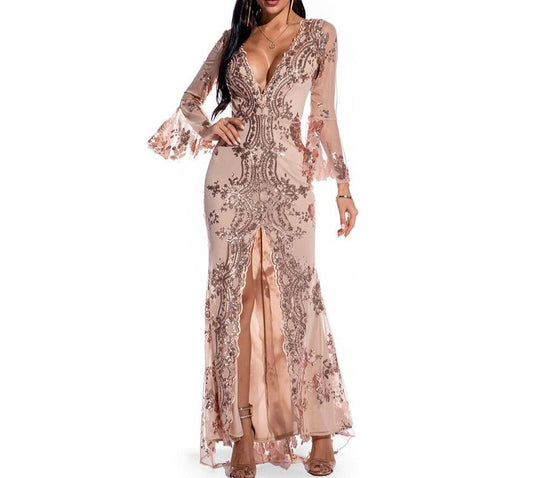Vintage Sequin Mesh Sleeve Maxi Dresses