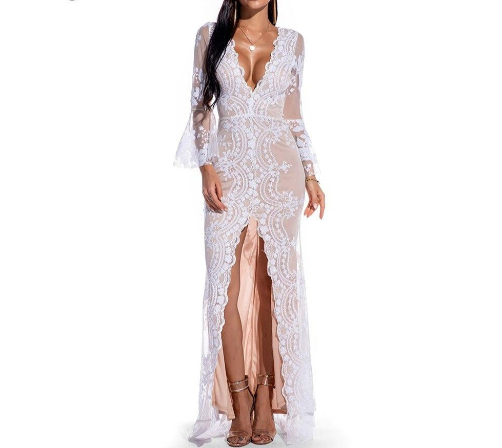 Vintage Sequin Mesh Sleeve Maxi Dresses