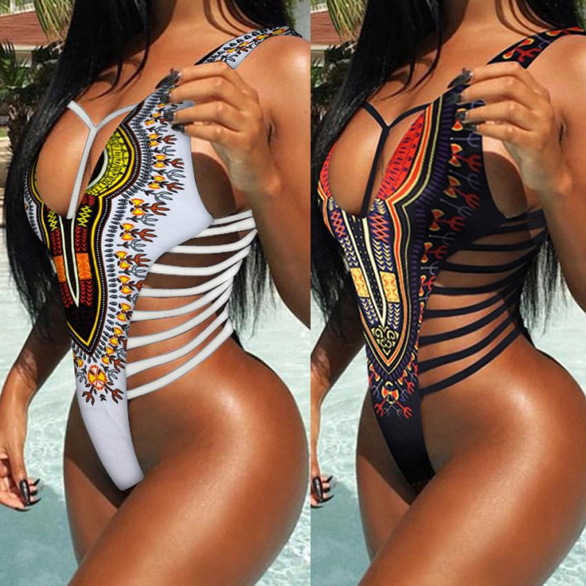African Print Hollow Side One Pieces