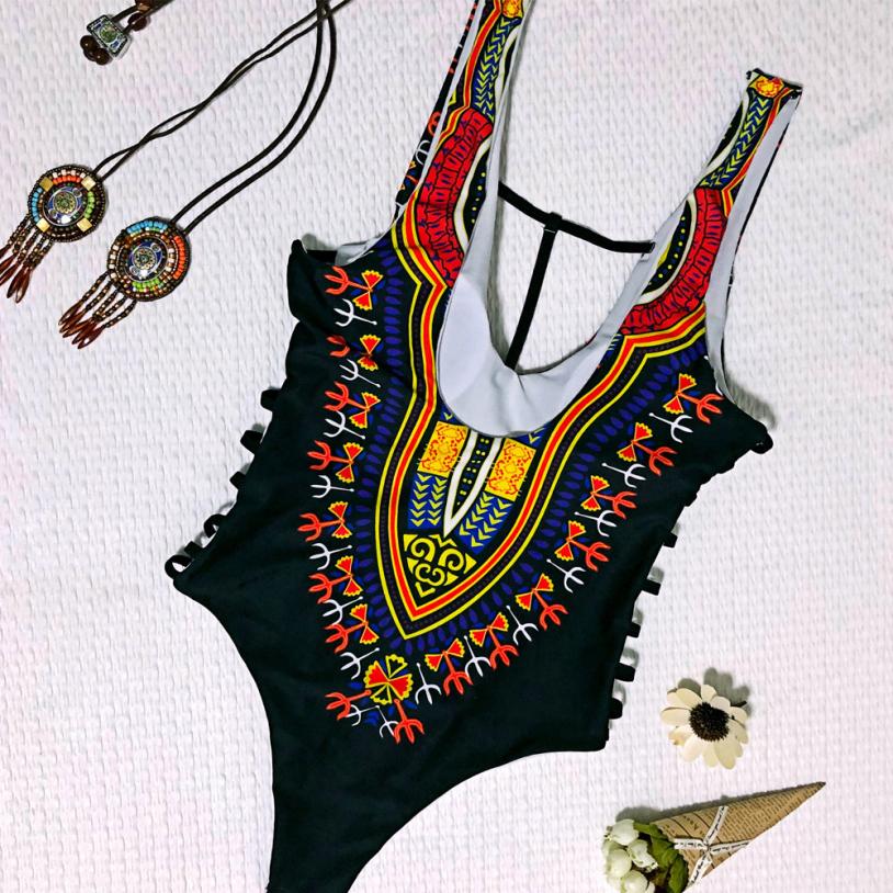 African Print Hollow Side One Pieces