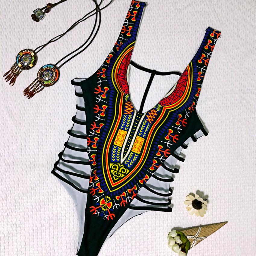 African Print Hollow Side One Pieces