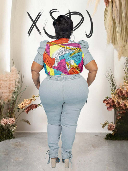 Puff Sleeve Denim Top & Jeans Sets Plus Size