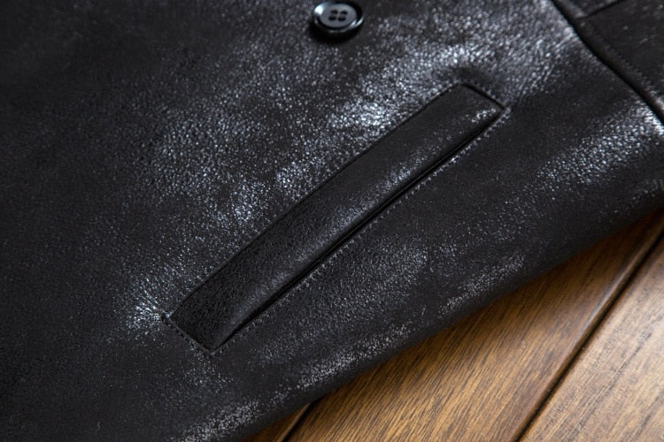 Genuine Leather Double Breasted Real Fur Lining Mid Length Coat