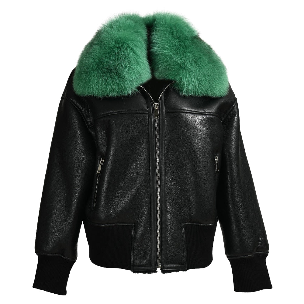 Genuine Leather Coat Shearling Liner Fur Collar Bombers