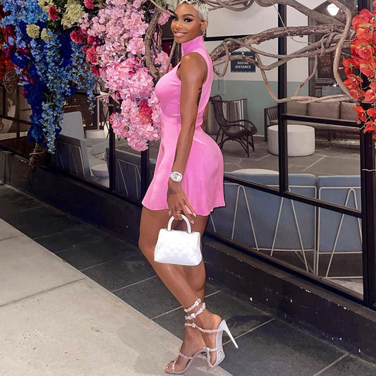 Pink Half High-Neck Sleeveless Mini Dress