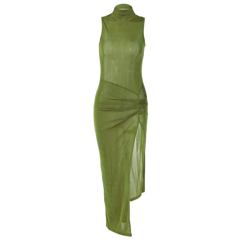 Green Sleeveless Bodycon Split Long Dress