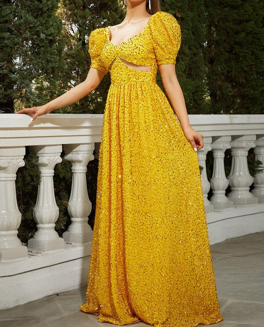 Puff Sleeves Mesh Under Breast Sequin Maxi Dress