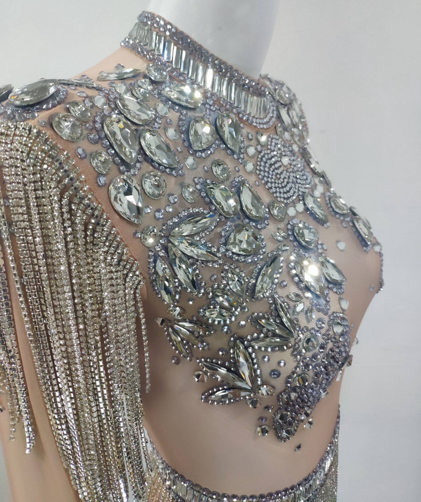 Rhinestones Mesh Crystal Chain Tassel Bodysuit