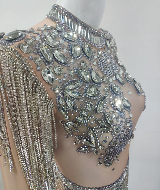 Rhinestones Mesh Crystal Chain Tassel Bodysuit