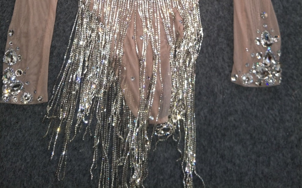 Rhinestones Mesh Crystal Chain Tassel Bodysuit