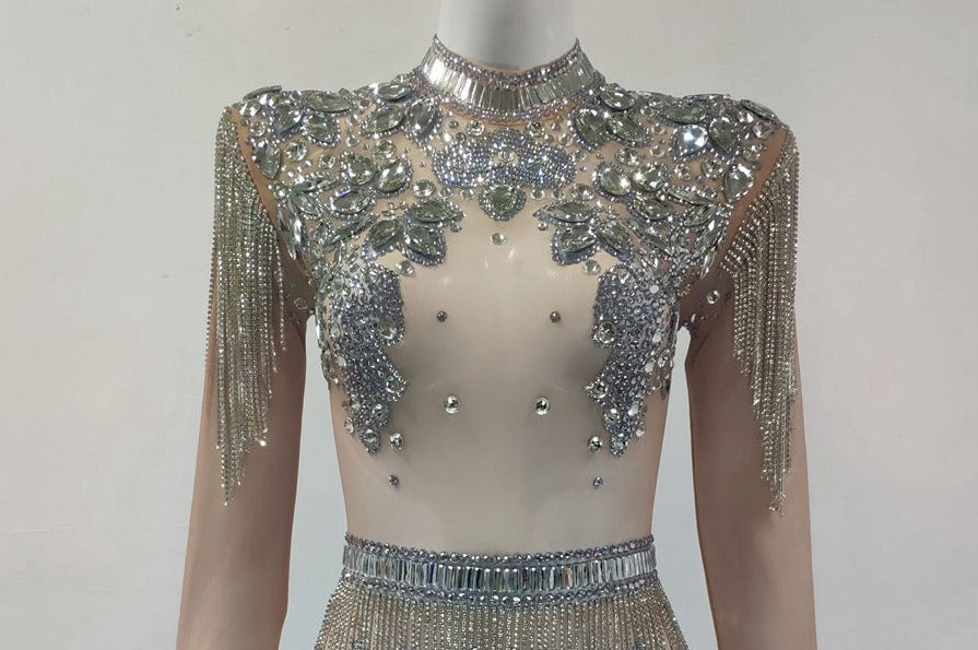 Rhinestones Mesh Crystal Chain Tassel Bodysuit