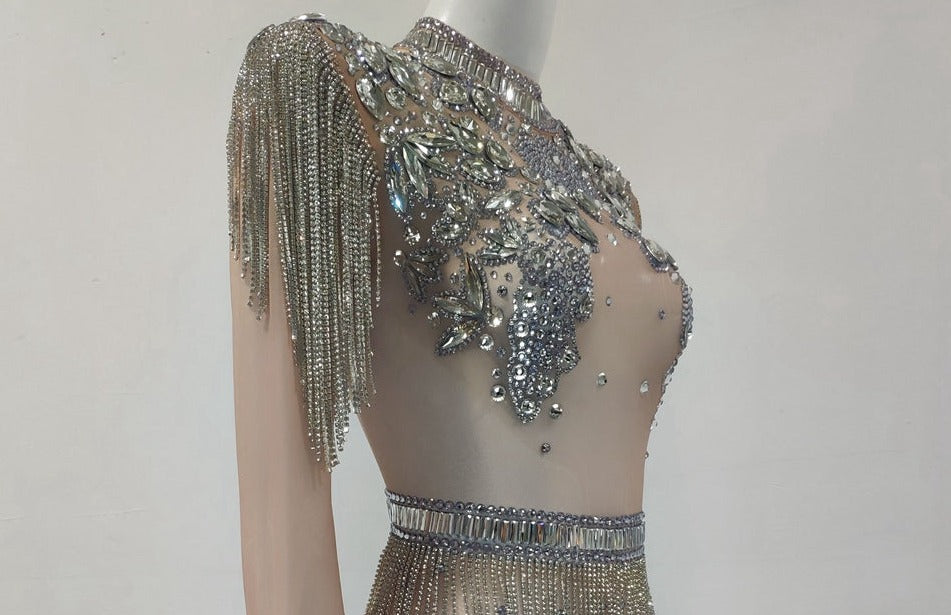 Rhinestones Mesh Crystal Chain Tassel Bodysuit