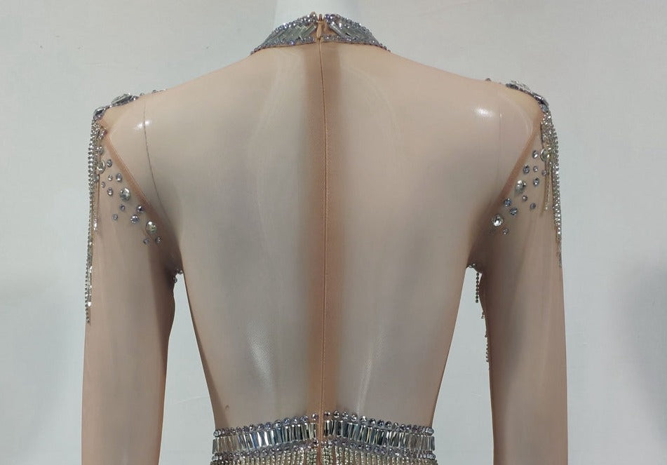 Rhinestones Mesh Crystal Chain Tassel Bodysuit
