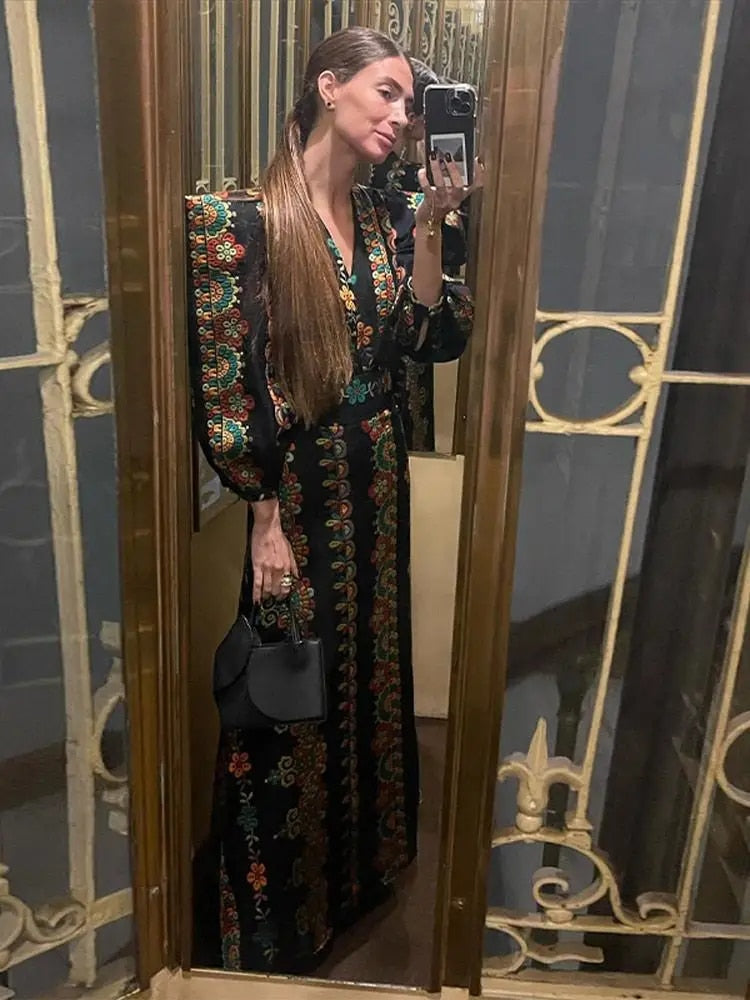 Shoulder Pads Puff Sleeve Bodysuit & Long Skirt Set