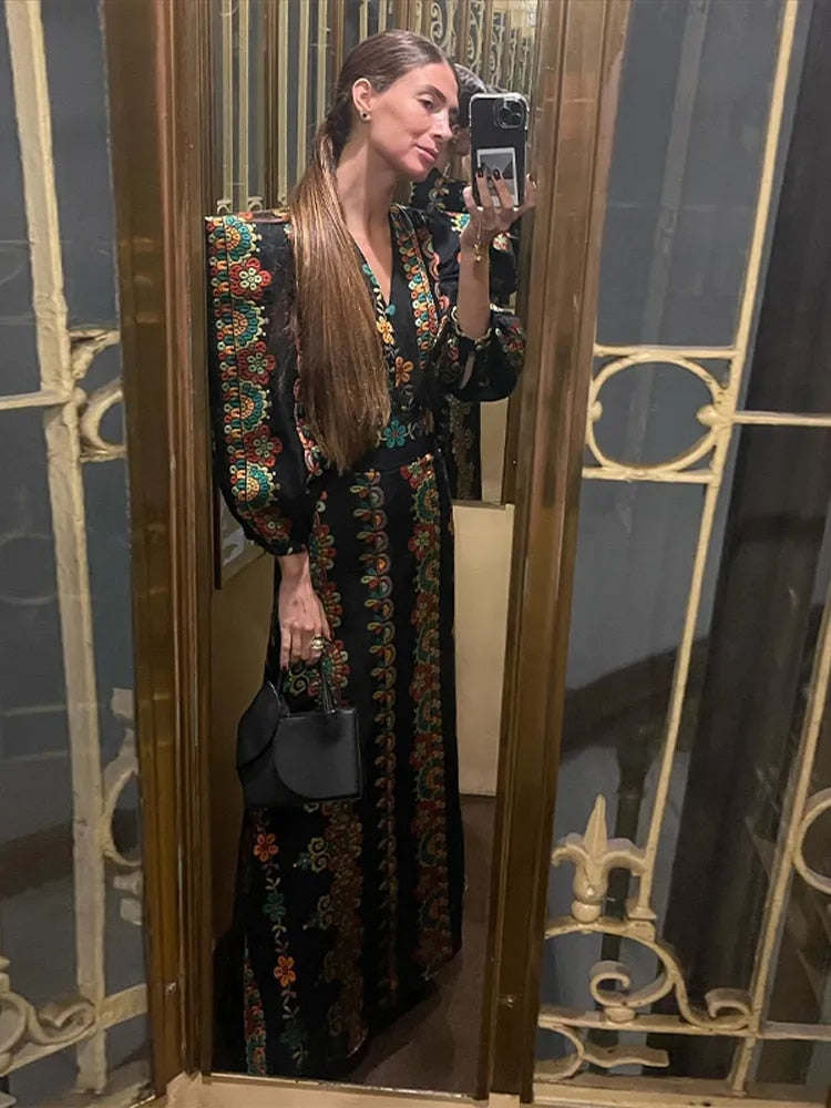 Shoulder Pads Puff Sleeve Bodysuit & Long Skirt Set