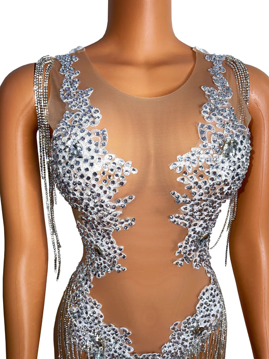 Silver Rhinestone Transparent Mini Dress