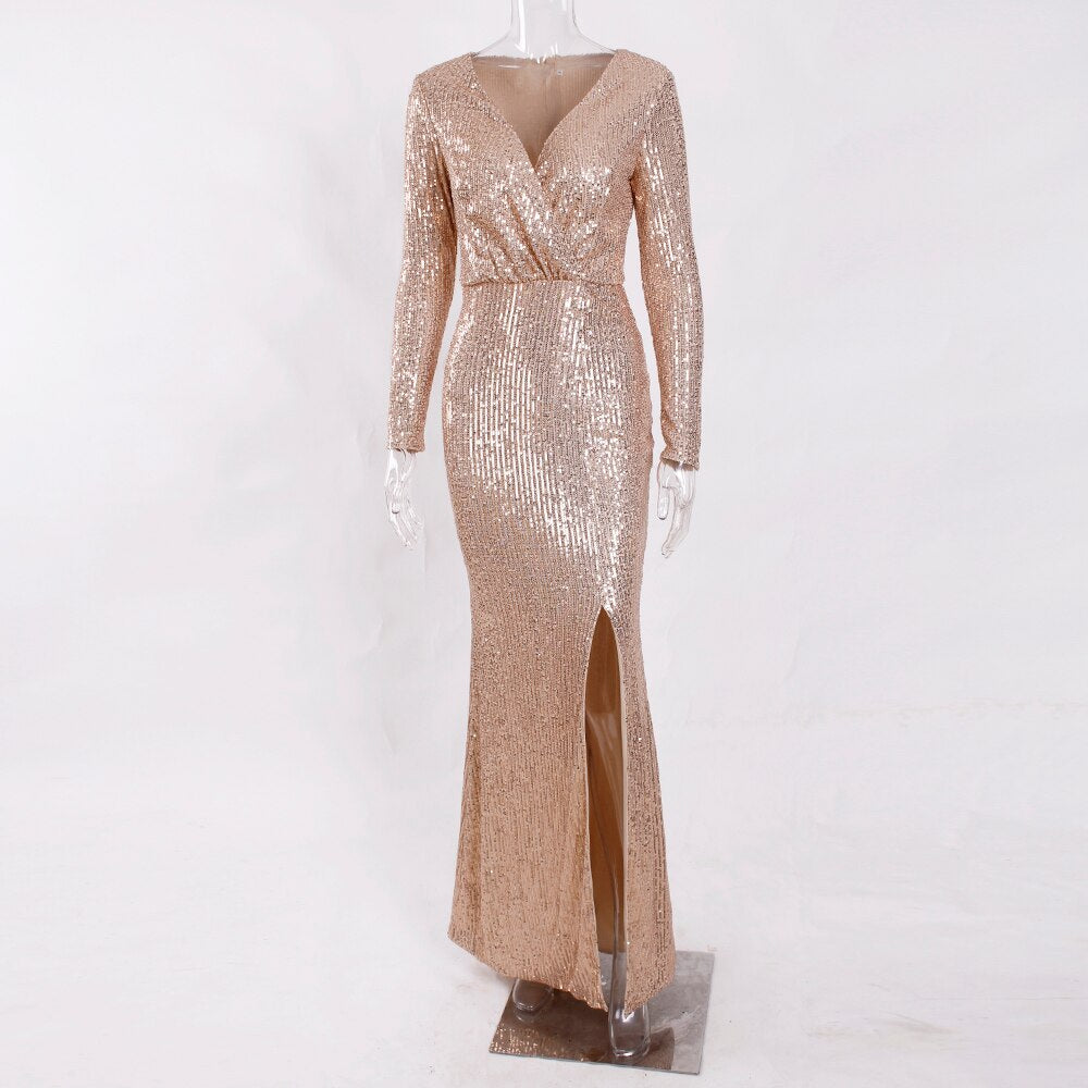Sequin Stretchy Long Sleeve Maxi Dresses