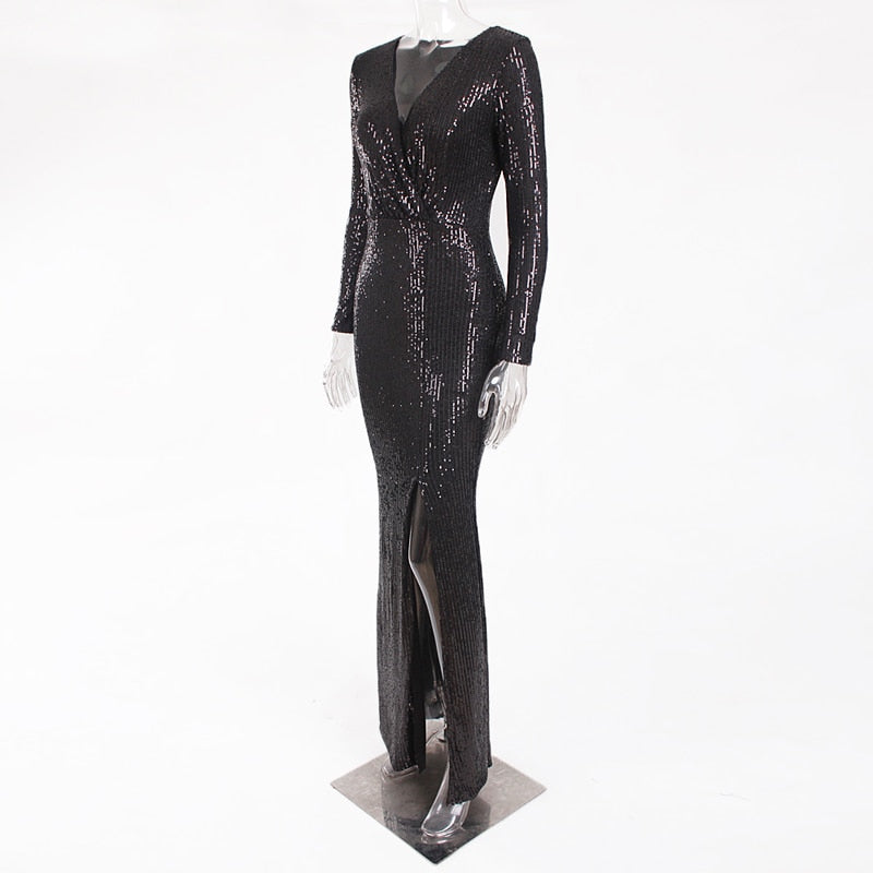 Sequin Stretchy Long Sleeve Maxi Dresses