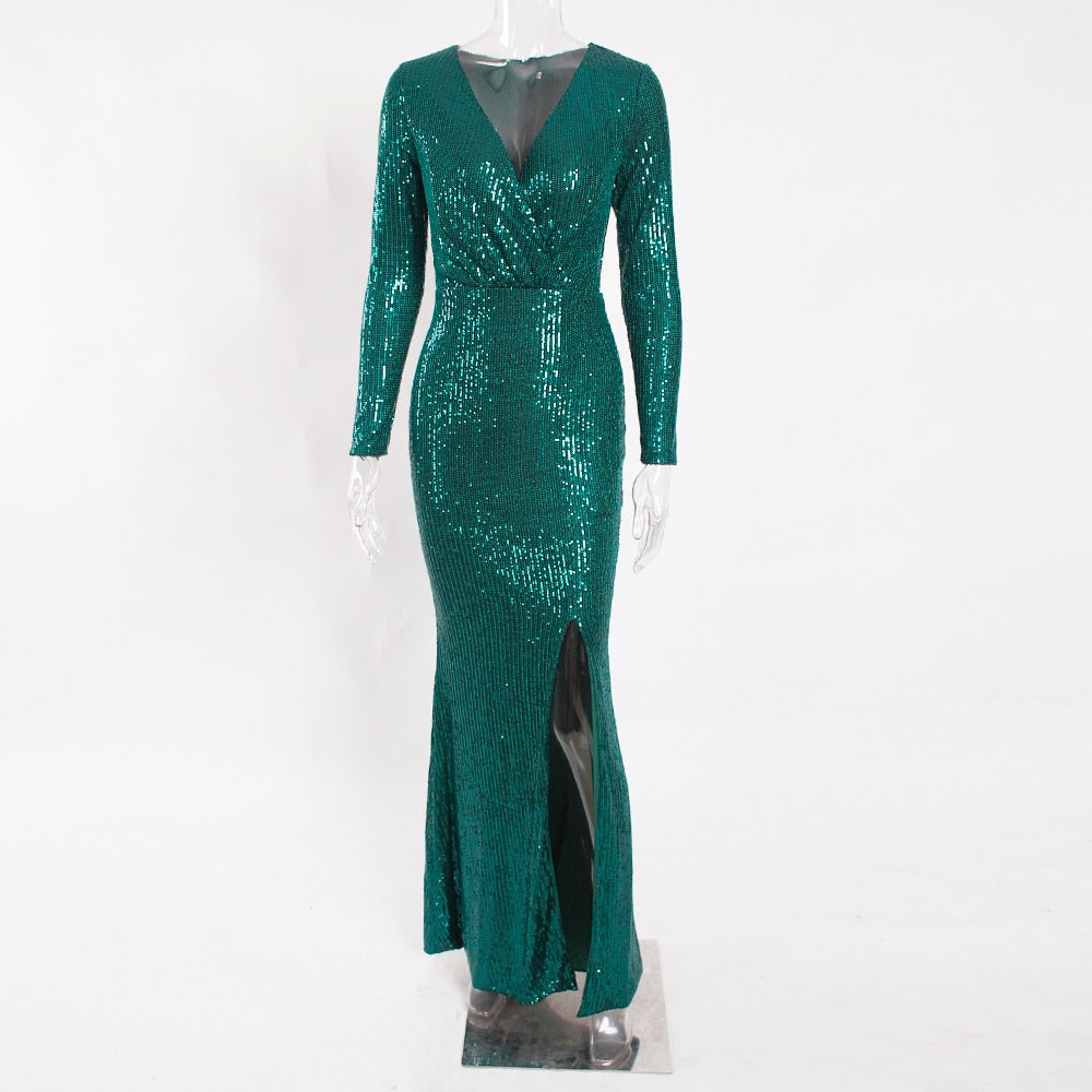 Sequin Stretchy Long Sleeve Maxi Dresses
