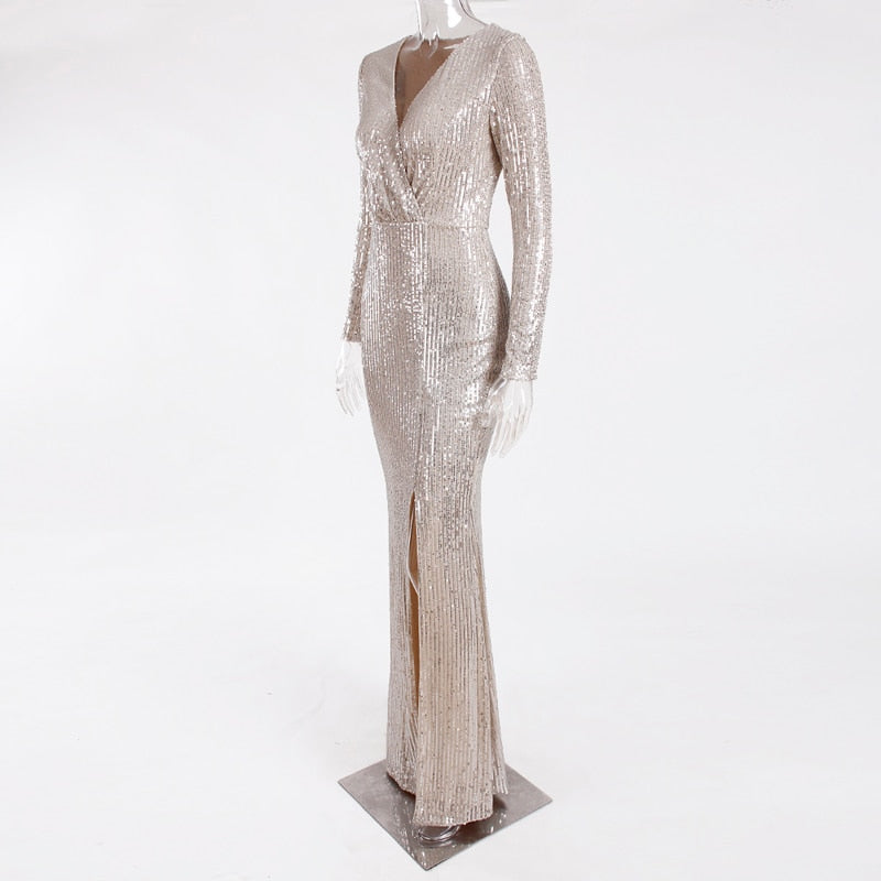Sequin Stretchy Long Sleeve Maxi Dresses