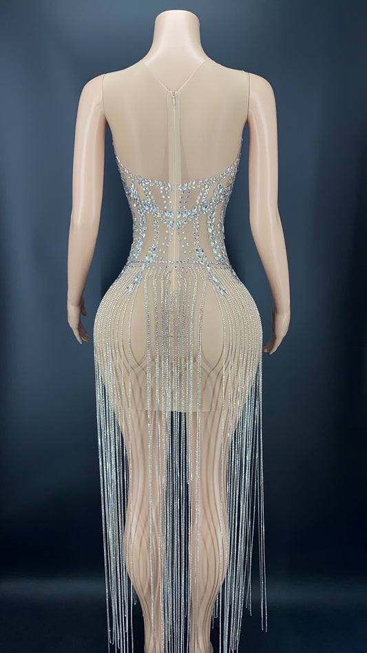 Rhinestones Crystals Mesh Long Tassel Dress