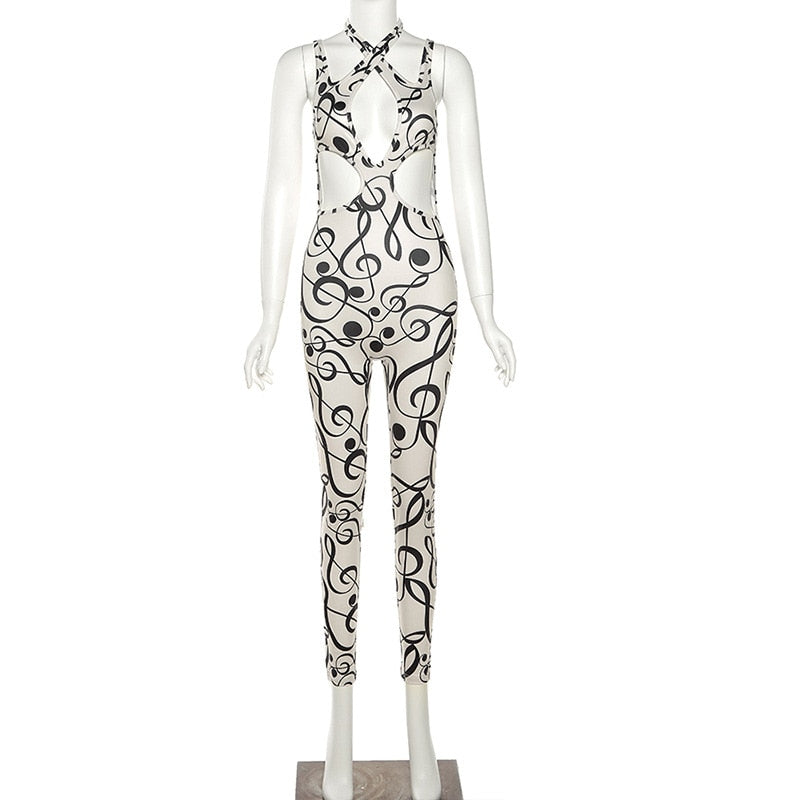 Music Note Print Halter Cut Out Jumpsuits