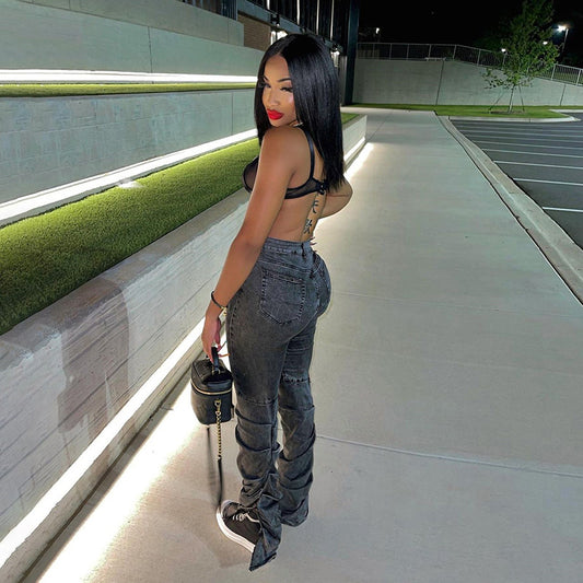 High Waist Ruched Long Cut Leg Jeans