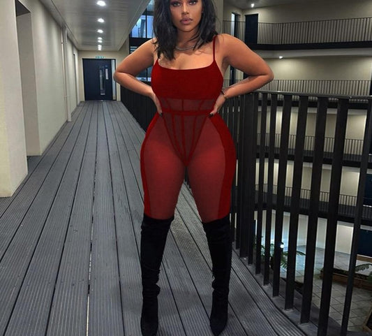 Mesh Strap Bodysuit And Pants Sets