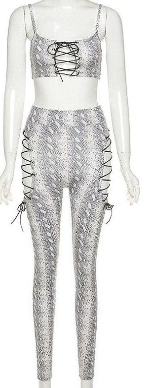 Snake Print Crop And Hollow Hip Lace Up Pants Sets