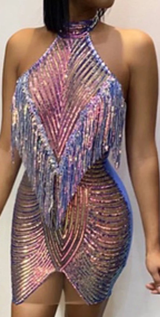 Halter Sequin Hollow Out Mesh Backless Tassel Mini Dresses