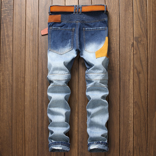 Yellow Patchwork Ripped Moto Biker Jeans