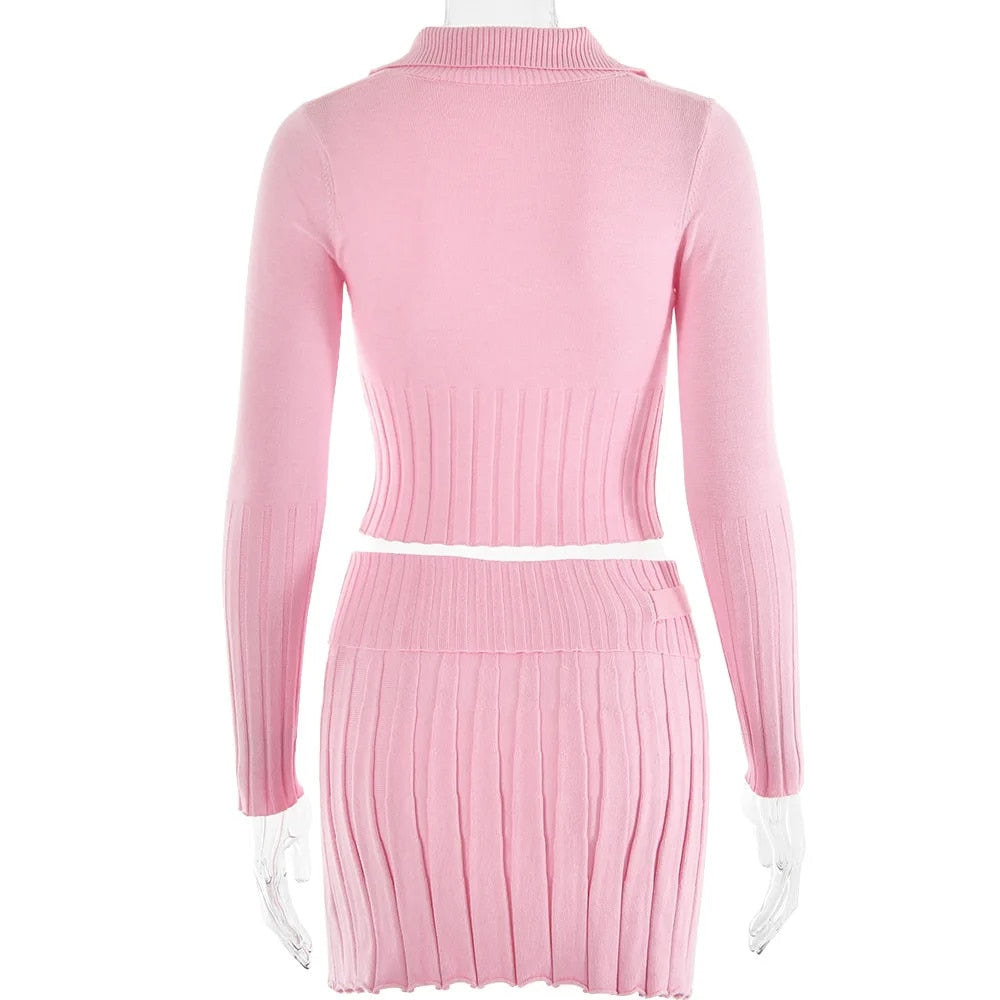 Knitted Crop Top & Mini Pleated Skirts Sets