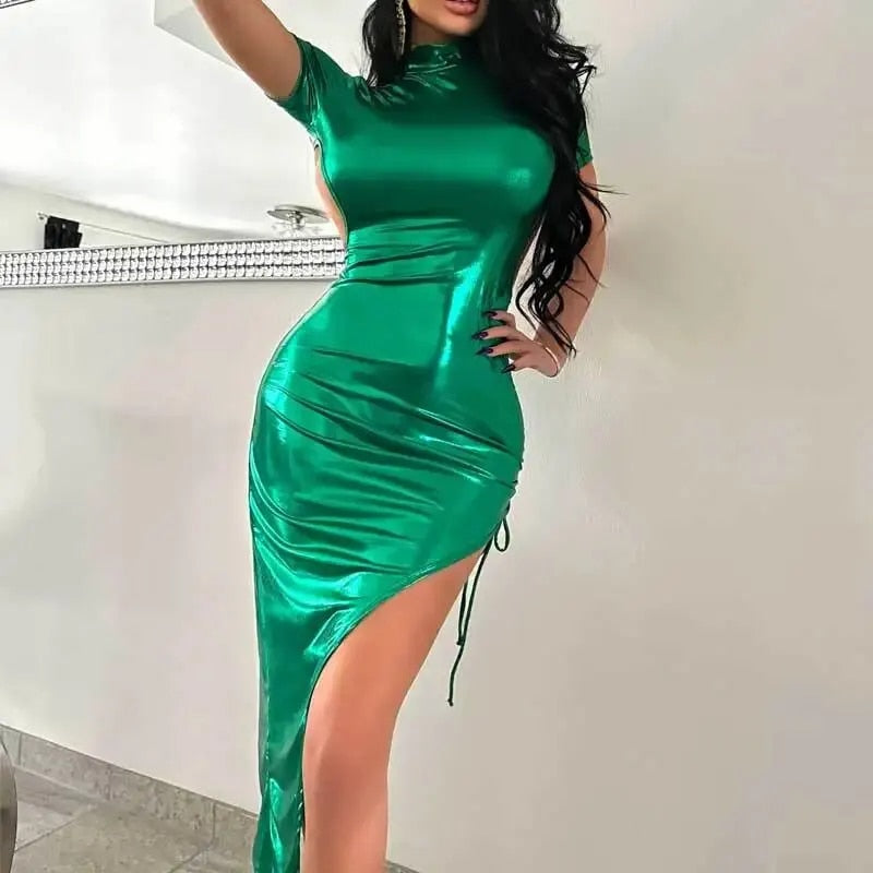 Metallic Green Open Side Boob Back Dress