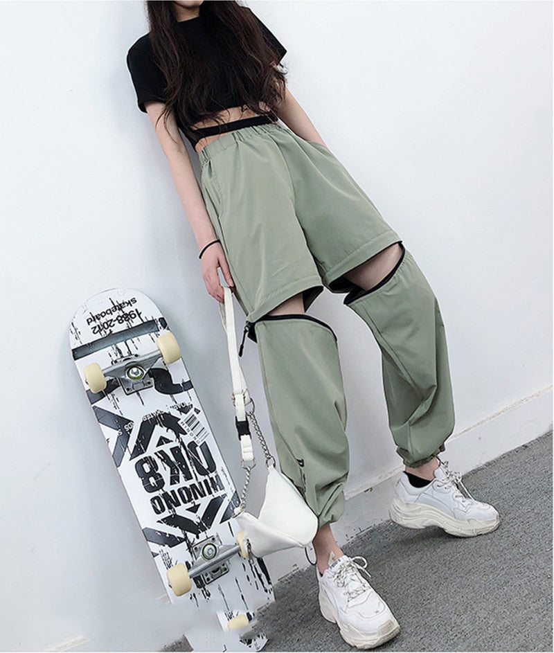 Zipper Knee High Waist Loose Pants Unisex