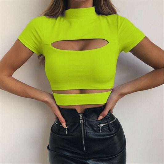 Turtle Neck Hollow Out Short Sleeve Crop Tops