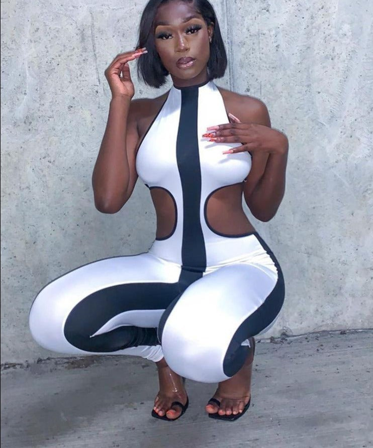 White Hollow Rib Turtleneck Sleeveless Jumpsuit