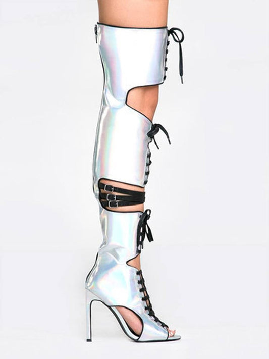 Metallic Thigh High Strap Tie Buckle Stiletto