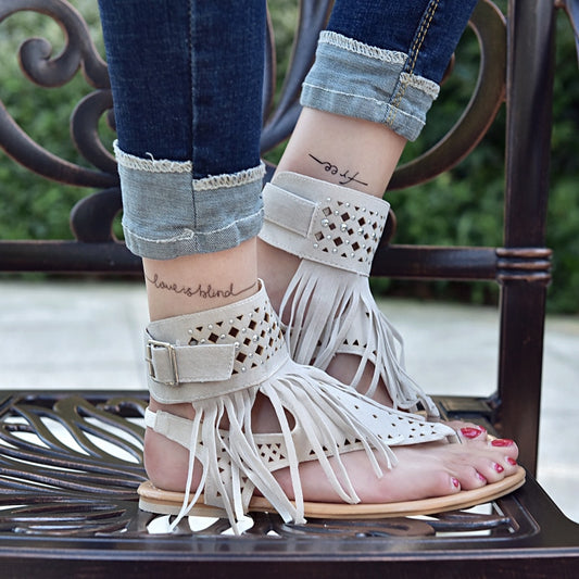 Native Ankle Strap Tassel Flat Sandals