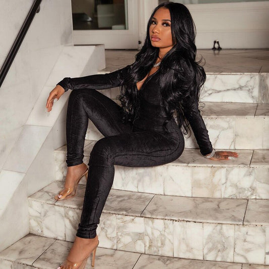 Suede Style Long-sleeved Jumpsuits