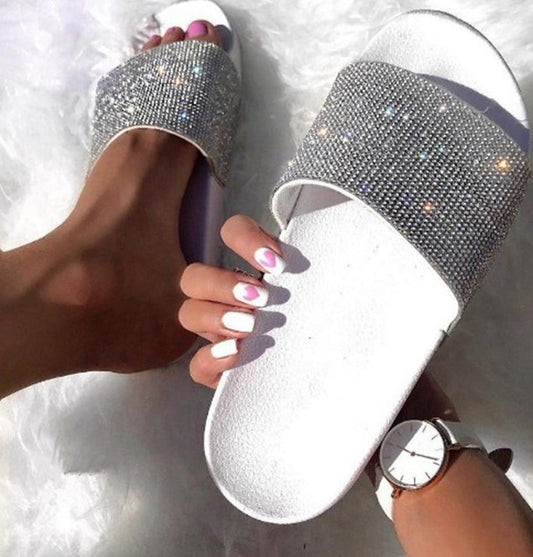 Crystal Diamond Slides With Trim Sandals