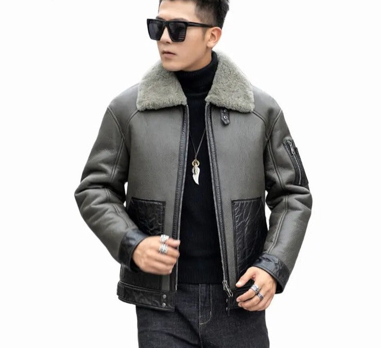 Genuine Leather Coats Shearling Fur Grey/Black
