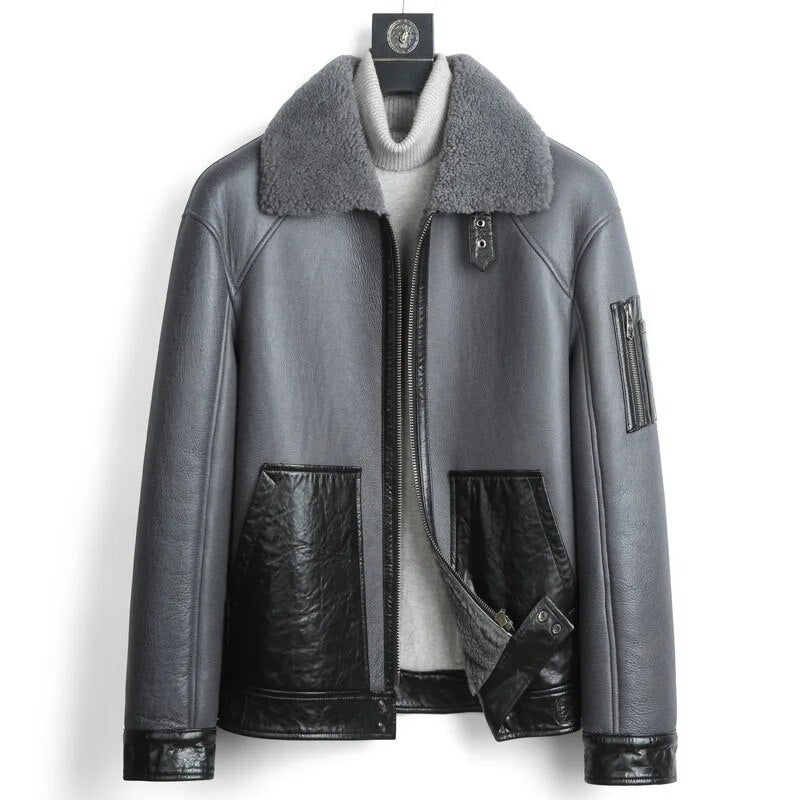 Genuine Leather Coats Shearling Fur Grey/Black