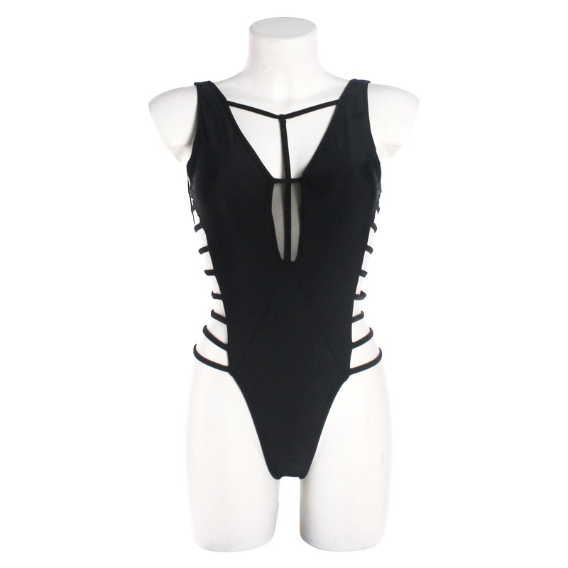Black High Cut Side Bandage Thong Monokini