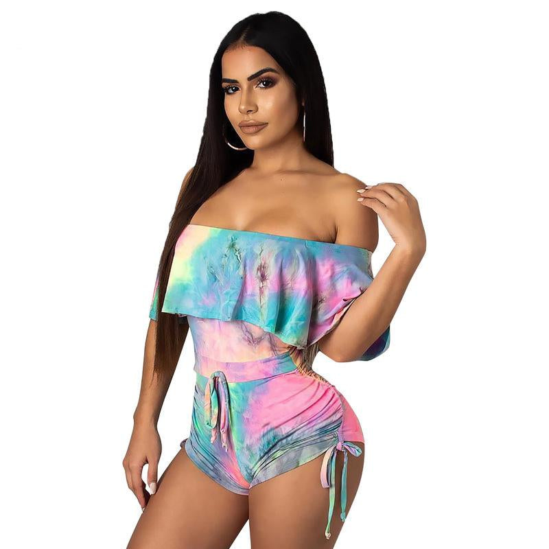 Tie Dye Off Shoulder Ruffle Top and Shorts