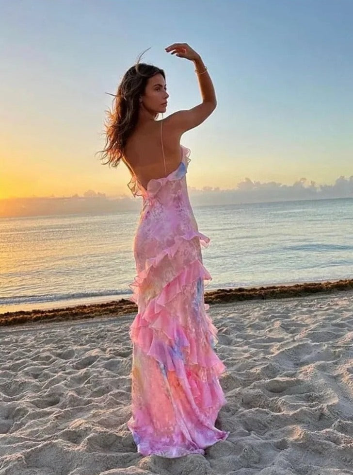 Tierred Ruffles Flower Print Sling Maxi Dresses